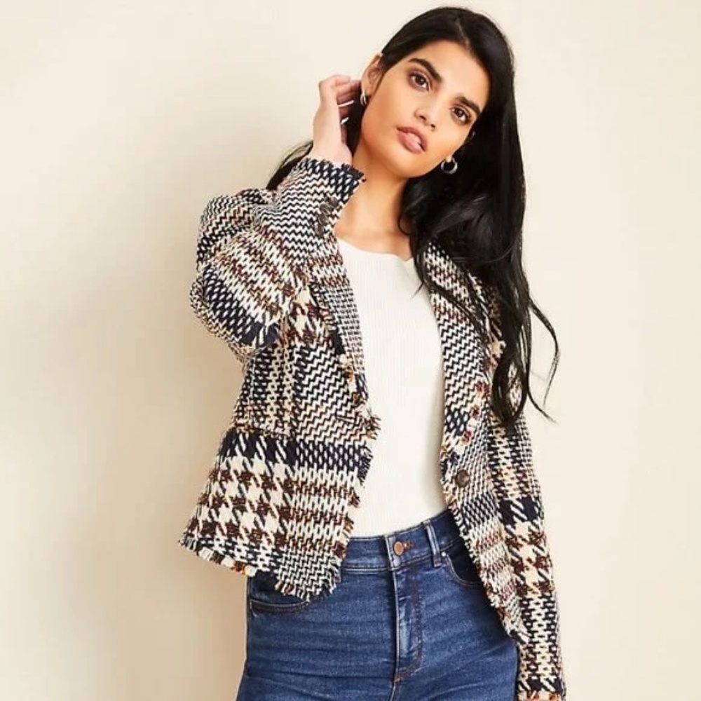 Ann Taylor Plaid Shawl Collar Tweed Fringe Blazer Jacket Sz 0